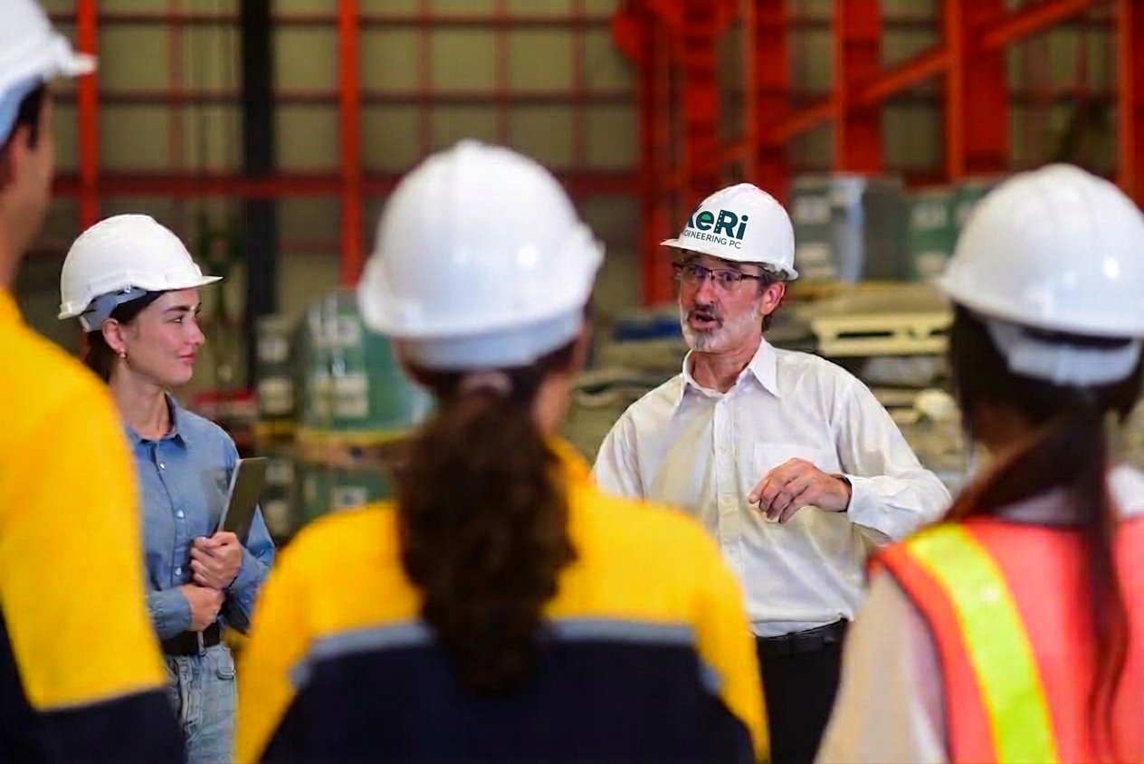 KeRi engineer in a KeRi Engineering hard hat briefing a project team on site